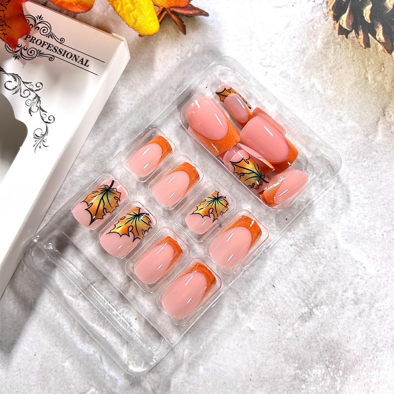 CJDLTS Orange French Press on Nails Short Square Thanksgiving Maple Leaf False Nail Full Cover Glossy Acrylic Stick on Nail Fall Artificial Fingernails Press Ons Festival Glue on Nails for Women 24Pcs - Image 2